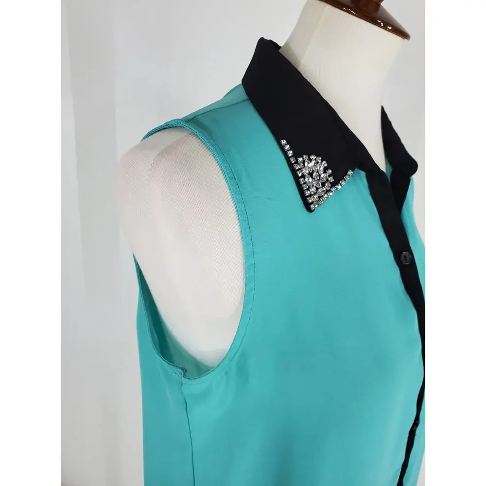 SOPRANO Women's Teal & Black Sleeveless Button Up Sheer Top w/ Rhinestones Sz M - Picture 7 of 10